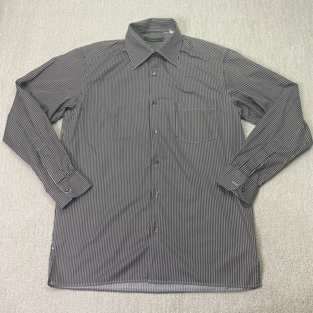 Ermenegildo Zegna Dress Shirt Mens Large Brown White Stripe Long Sleeve